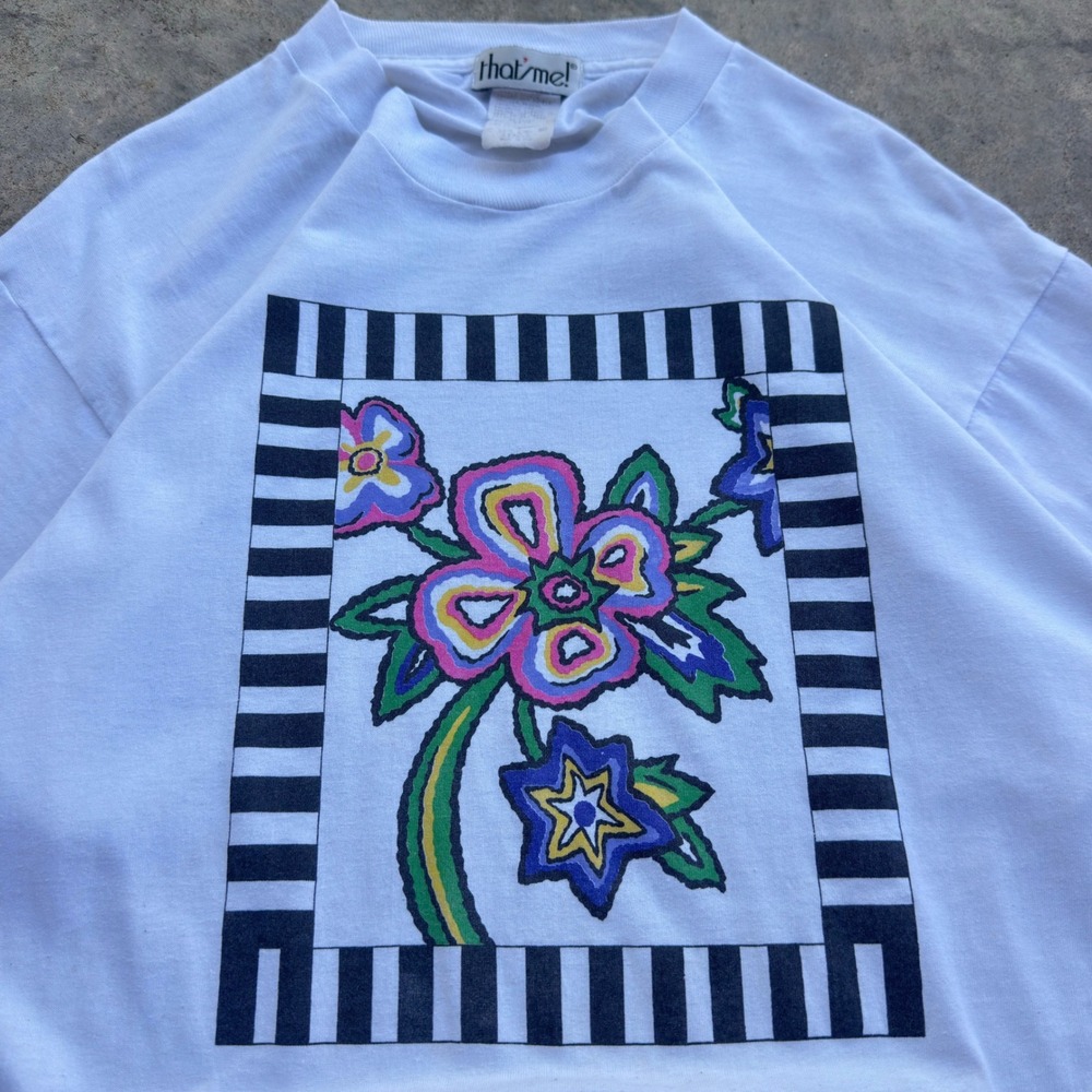 Vintage 90s That'Me! Flower Nature Art Tshirt Single Stitch White L (f1)
